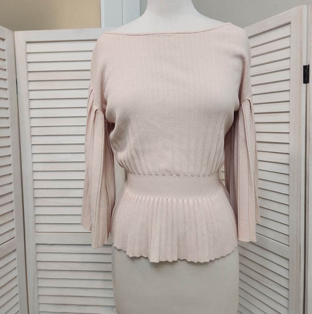 Rebecca Taylor Blush Pink Ribbed Peplum Knit Top Size S